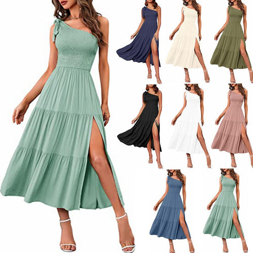 2025 New Summer Fashion Women's One-shoulder Pleated Layered Hem Split Dress
